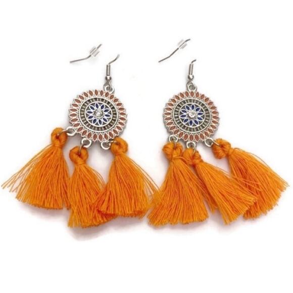 Orange Round Tassel Drop Earrings - Picture 1 of 3